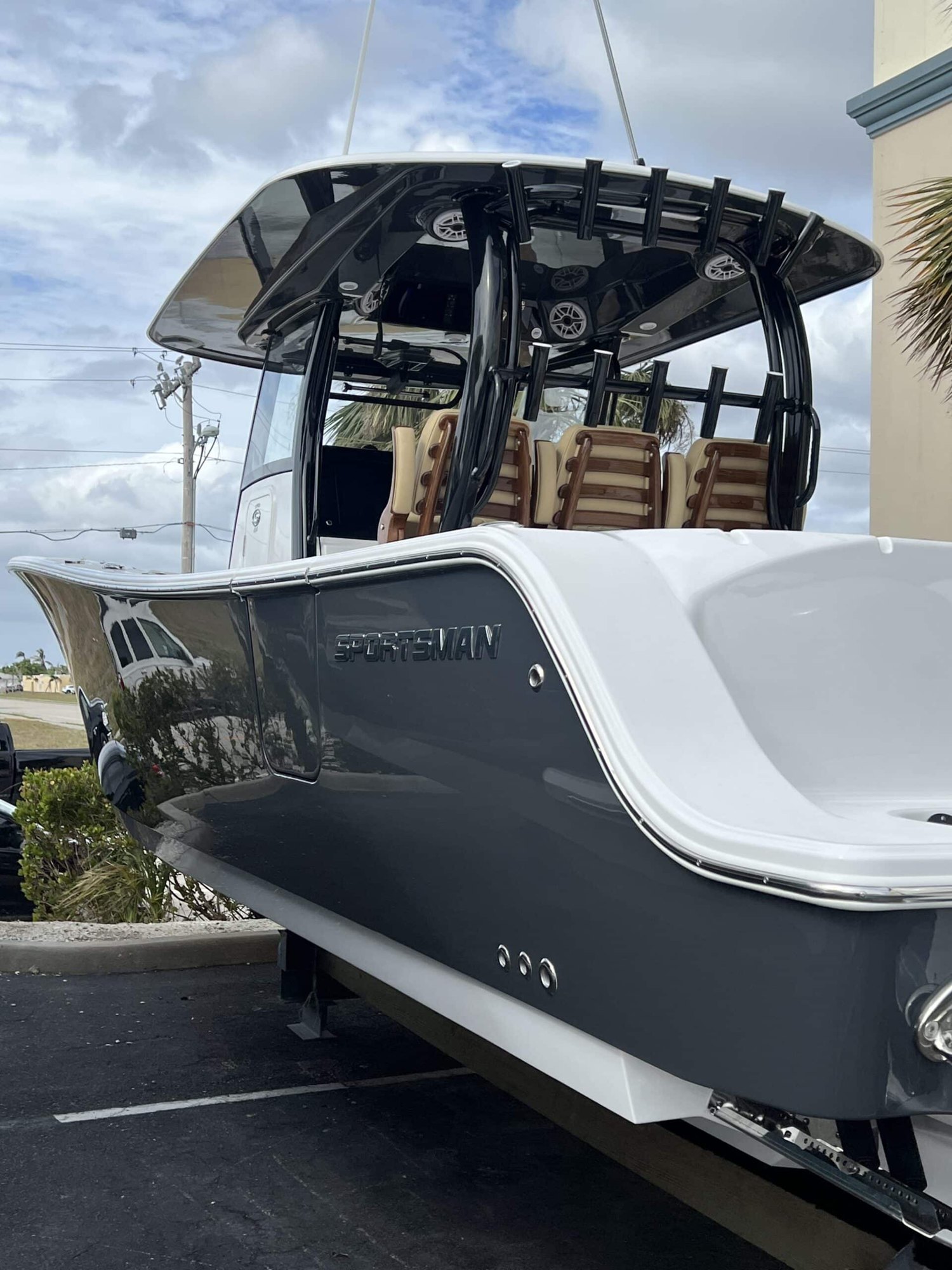 Center console transom on a trailer