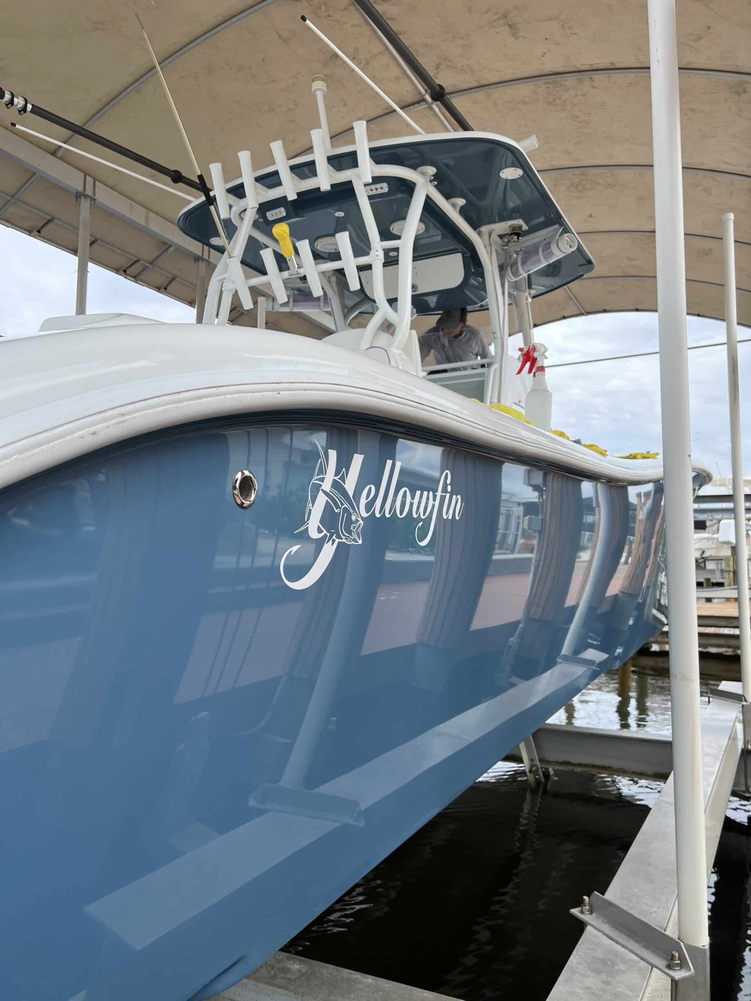 Yellowfin hull on a boat lift