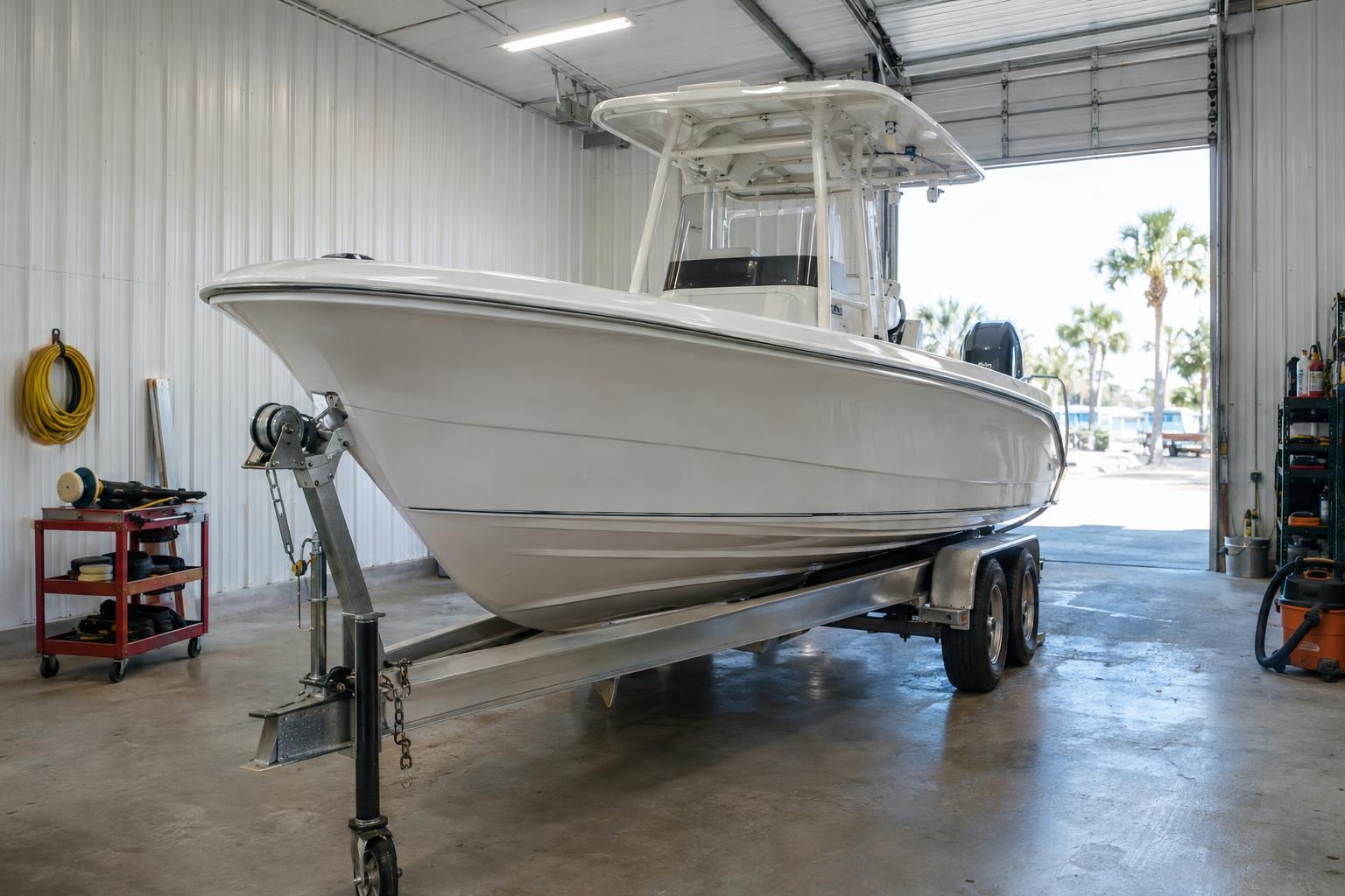Illustration: boat on its trailer in a repair bay