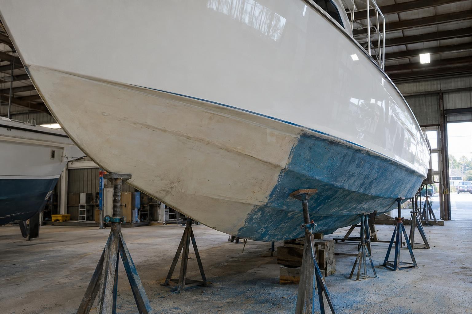 Illustration: old bottom paint stripped from a hull on stands