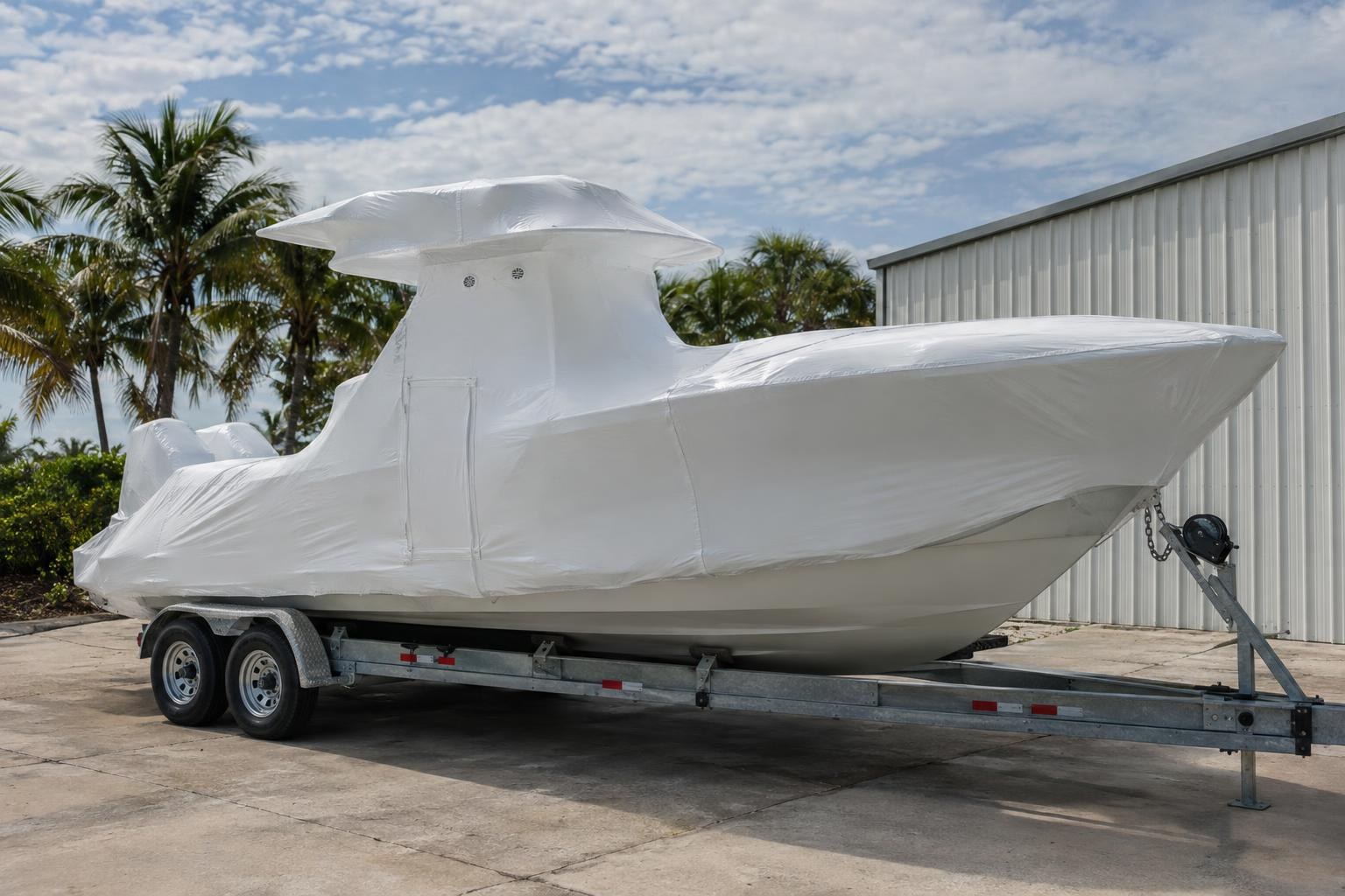 Illustration: center console shrink-wrapped on its trailer